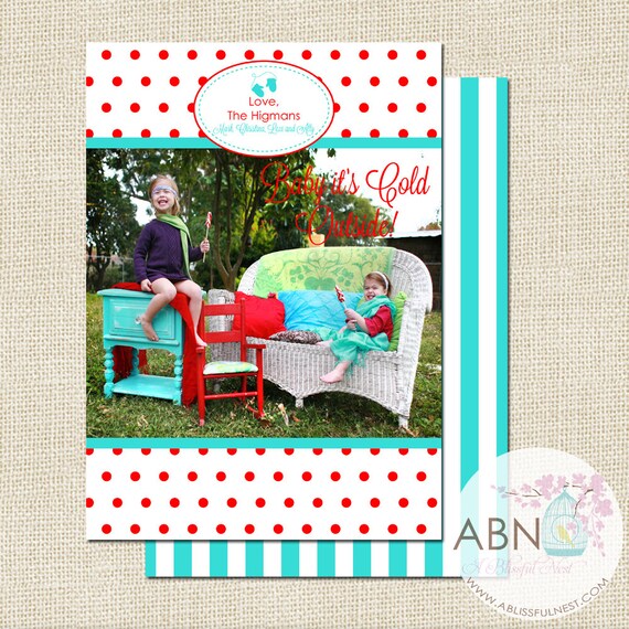 Holiday Christmas Photo Card - Modern Dot - Red with Aqua - PRINTABLE Customized Photo Christmas Card Il_570xn