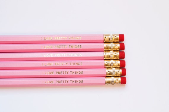 I Love Pretty Things Pencils - Pink Pencils With Gold Lettering - Set of 6 Il_570xn