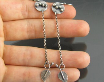 silver leaf earrings - sterling silver earrings - botanical earrings - dangly earrings - long earrings - bubble earrings - boho jewelry