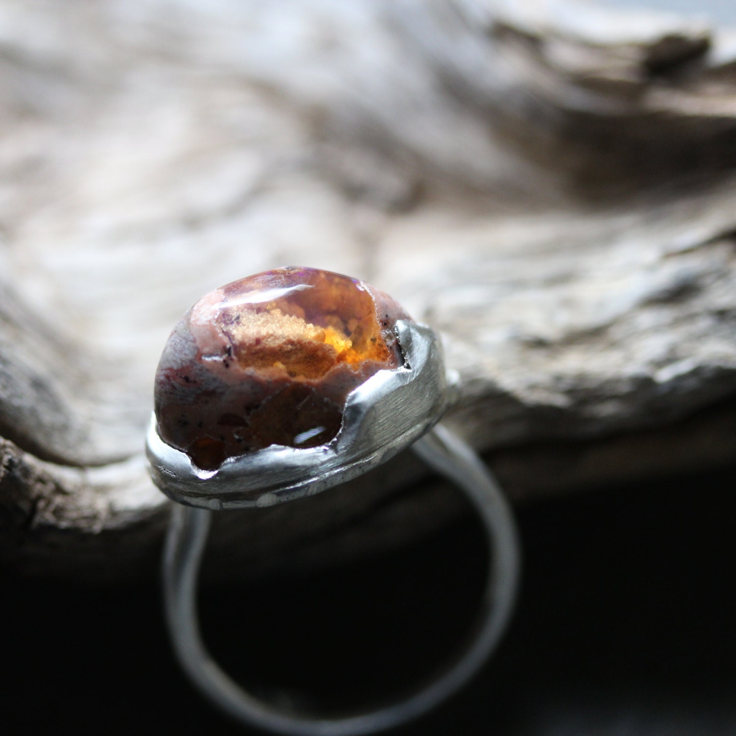 Unique Fire Opal in Matrix Dome Ring Silver by NangijalaJewelry
