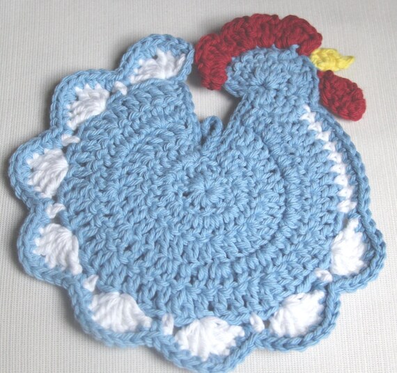 One Crocheted Chicken hotpad doily placemat Blue White Red