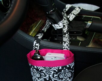 CAR CELLPHONE CADDY, Black Damask, Cell Phone Holder, Sunglasses Case, Mobile Accessories, Car Accessories, Smartphone Case, Beach Chair Bag