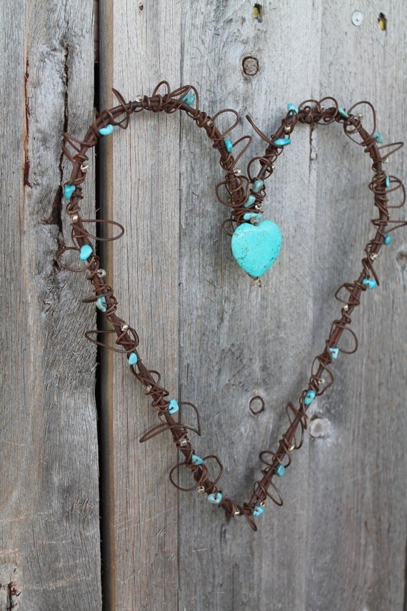 handmade rusted wire heart wall decor with turquoise heart and
