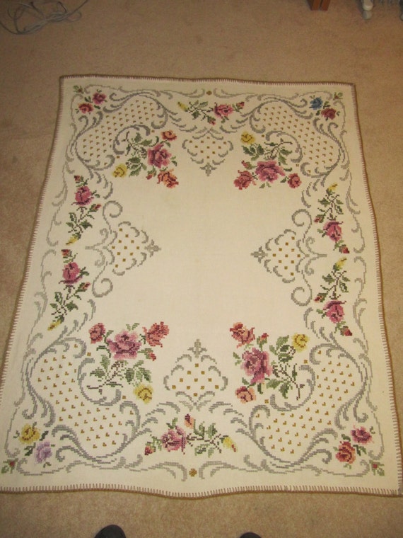 Items similar to Vintage cross stitch German wool or linen table cloth ...