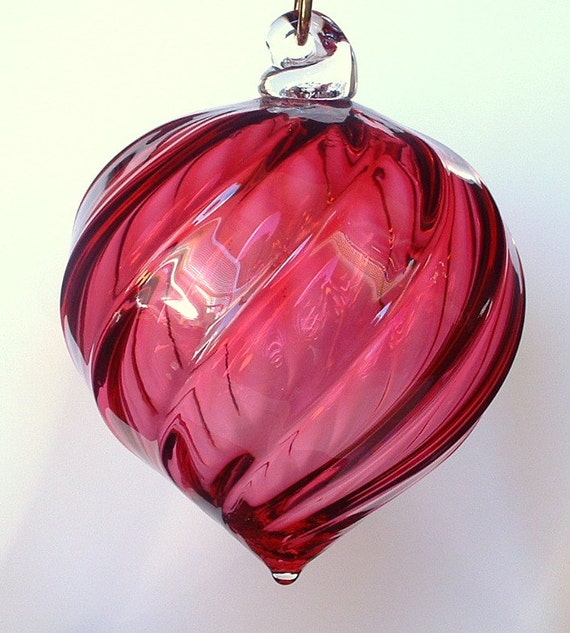Hand Blown Glass Christmas Ornament Pinkish Red Raspberry