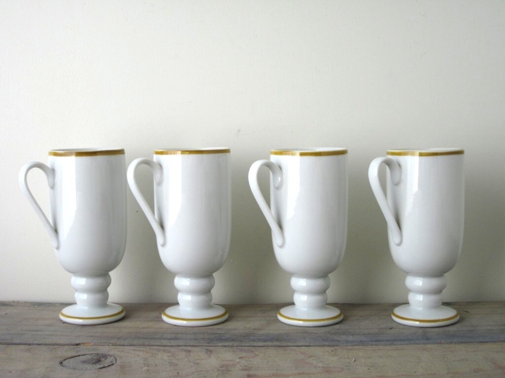 Vintage White and Mustard Yellow Irish Coffee Mugs Set of 4