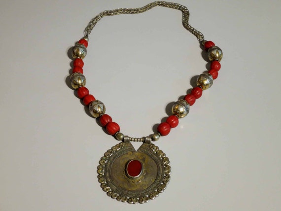 Vintage silver gilded Turkoman pendant beads necklace