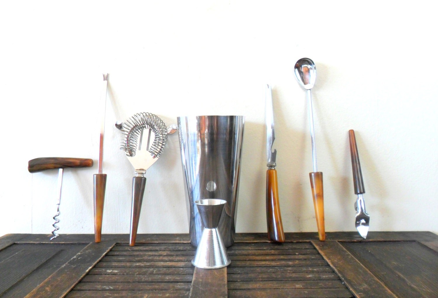 vintage eight piece bakelite bar utensil set mad by compostthis