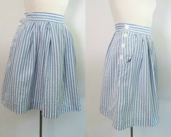 Vintage Seersucker Skirt Blue and White Stripes Side Buttons