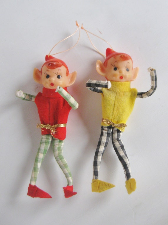 Two Vintage Christmas Elves Red Yellow Elf by ThoughtfulVintage