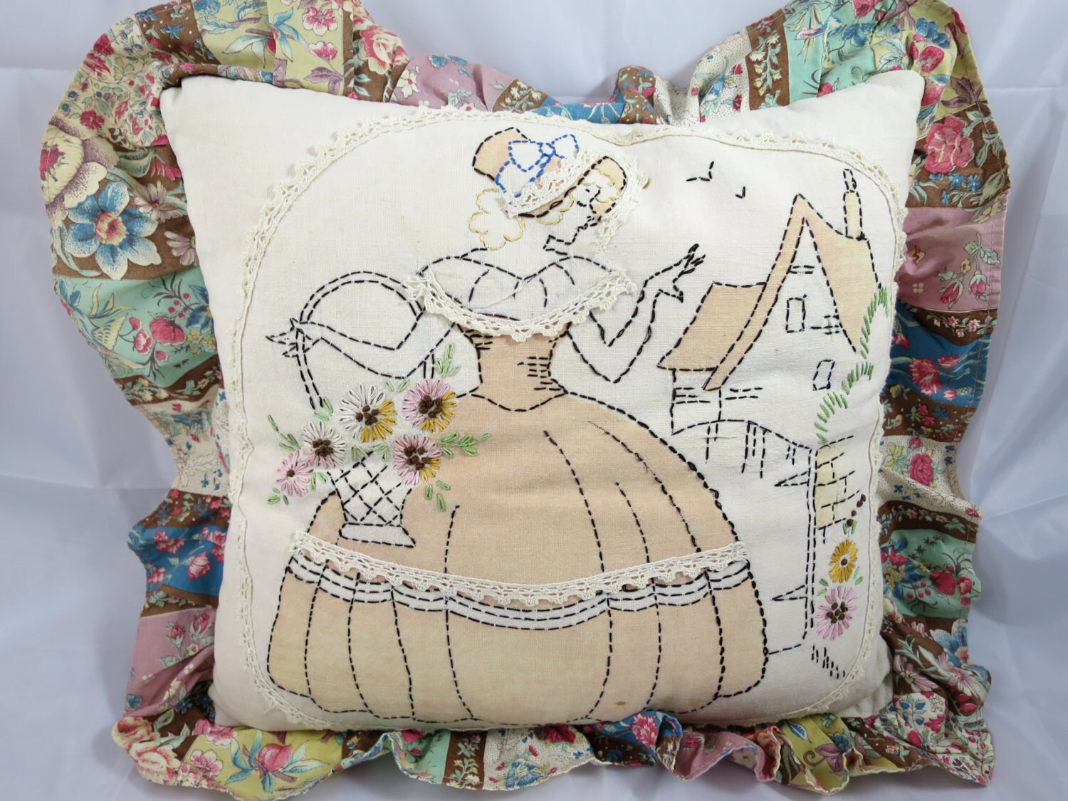 Victorian Lady Pillow Embroidered Tinted Pillow Lady w/ Basket