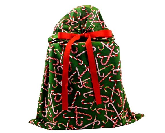 Large Dark Green Christmas Gift Bag with Candy Canes on Fabric