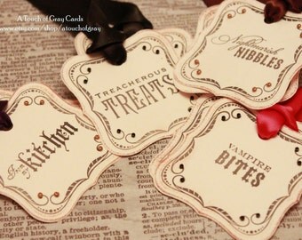 Halloween Gift Tags (Double Layered) - Halloween Food Label Assortment Tags - Vintage Inspired Handmade Halloween Tags (Set of 8)