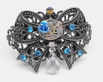 Steampunk Bracelet,Filigree Bow Cuff,Neo Victorian,Gothic Jewellry,Steam Punk Goth,Dark Metal Noir,Ruby Jeweled,Teal Blue,Swarovski Crystals