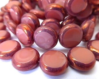 NEW COLOR 15 Czech Glass Flat Round Disc Beads in Opaque Salmon Pink with Golden Copper Picasso Edges Size 11mm