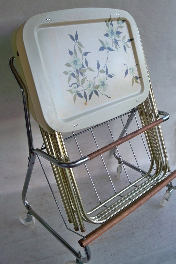 Four Mid Century Plastic TV Trays with Floral Print and