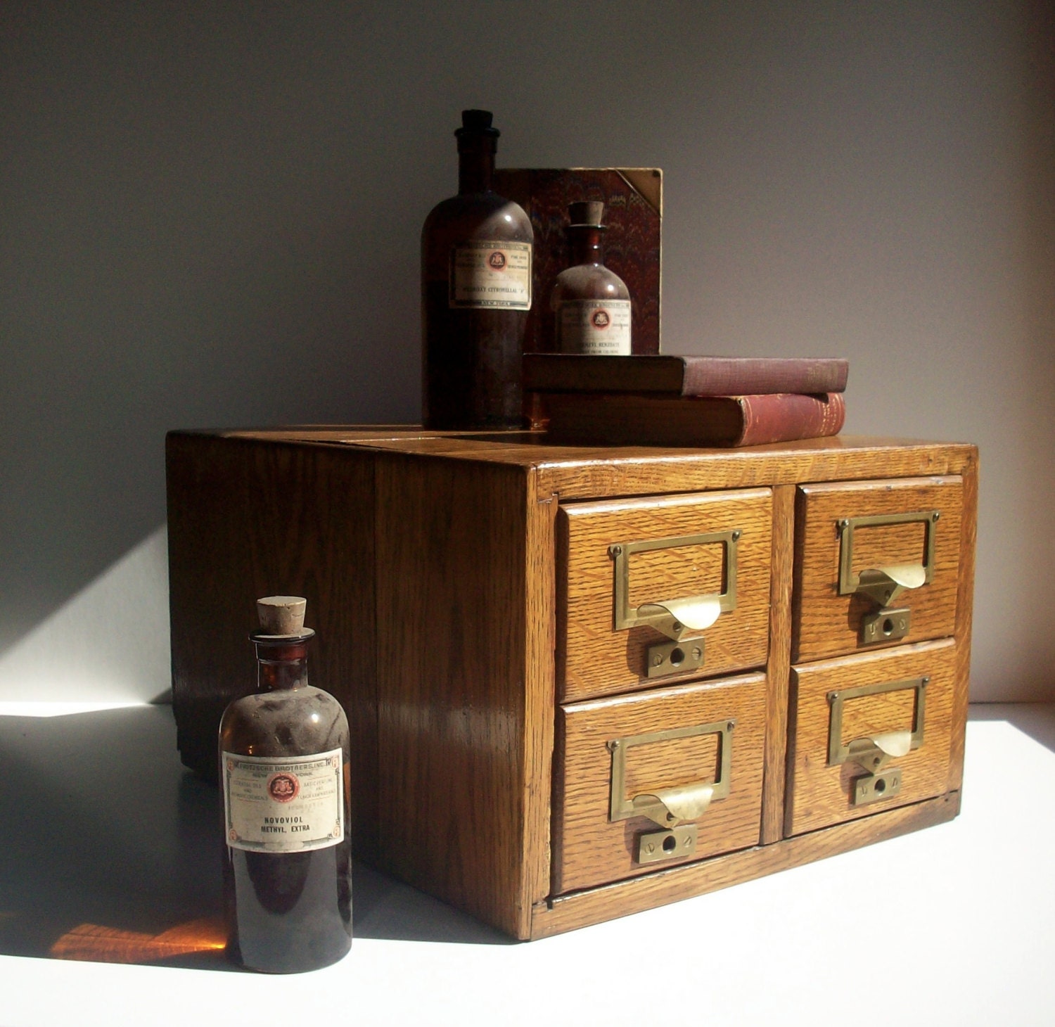 Vintage Library Card Catalog with 4 Drawers and