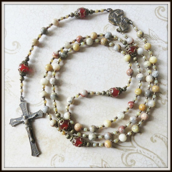 Bronze St. Anne de Beaupre Catholic Rosary in Crazy Lace Agate