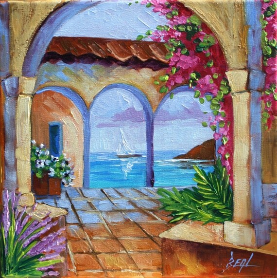 Romantic Courtyard Original Art Oil Painting Landscape by rbealart