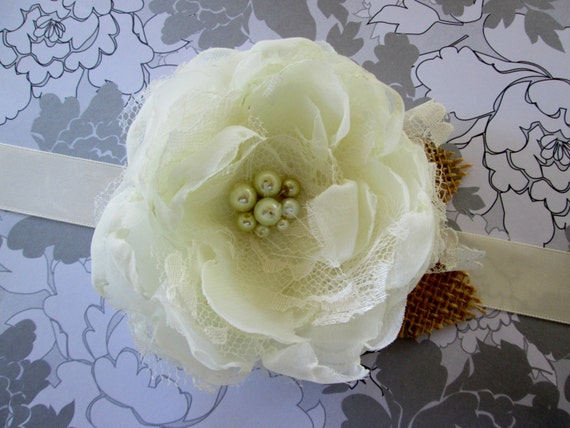 Wedding wrist or pin corsage. Fabric flower and ribbon ivory