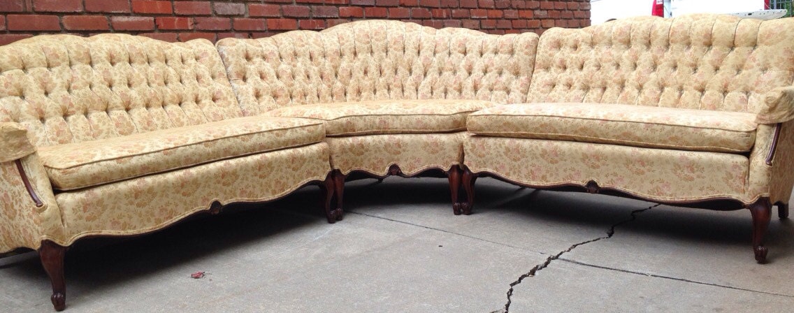 Rare French Provincial Sectional Sofa Tufted Vintage Hollywood