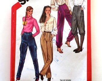 80s Simplicity 5236 Tapered Leg Pants or Knickers or Jodhpurs Size 12 Waist 26