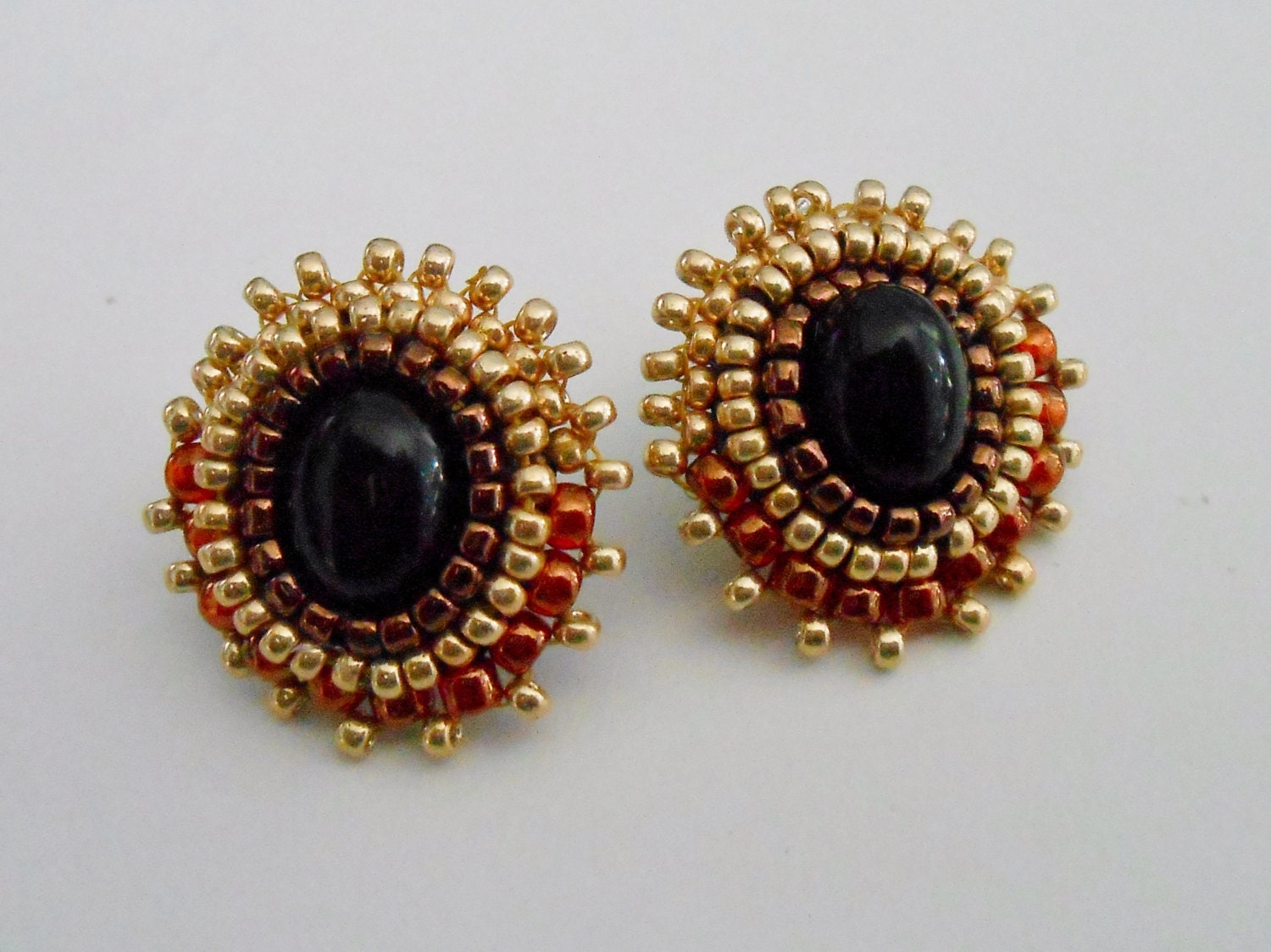 Bead Embroidered Black Onyx Earrings