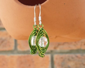 Wire Wrapped Earrings, Clear Quartz Earrings, Clear and Green Earrings, Handmade Jewelry, UK Seller