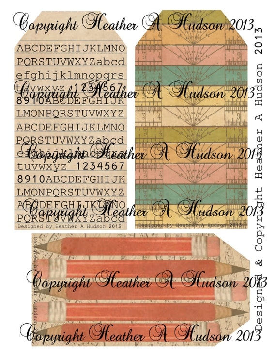 Vintage Back to School Tags  Ruler Pencil  Paper Digital Collage sheet