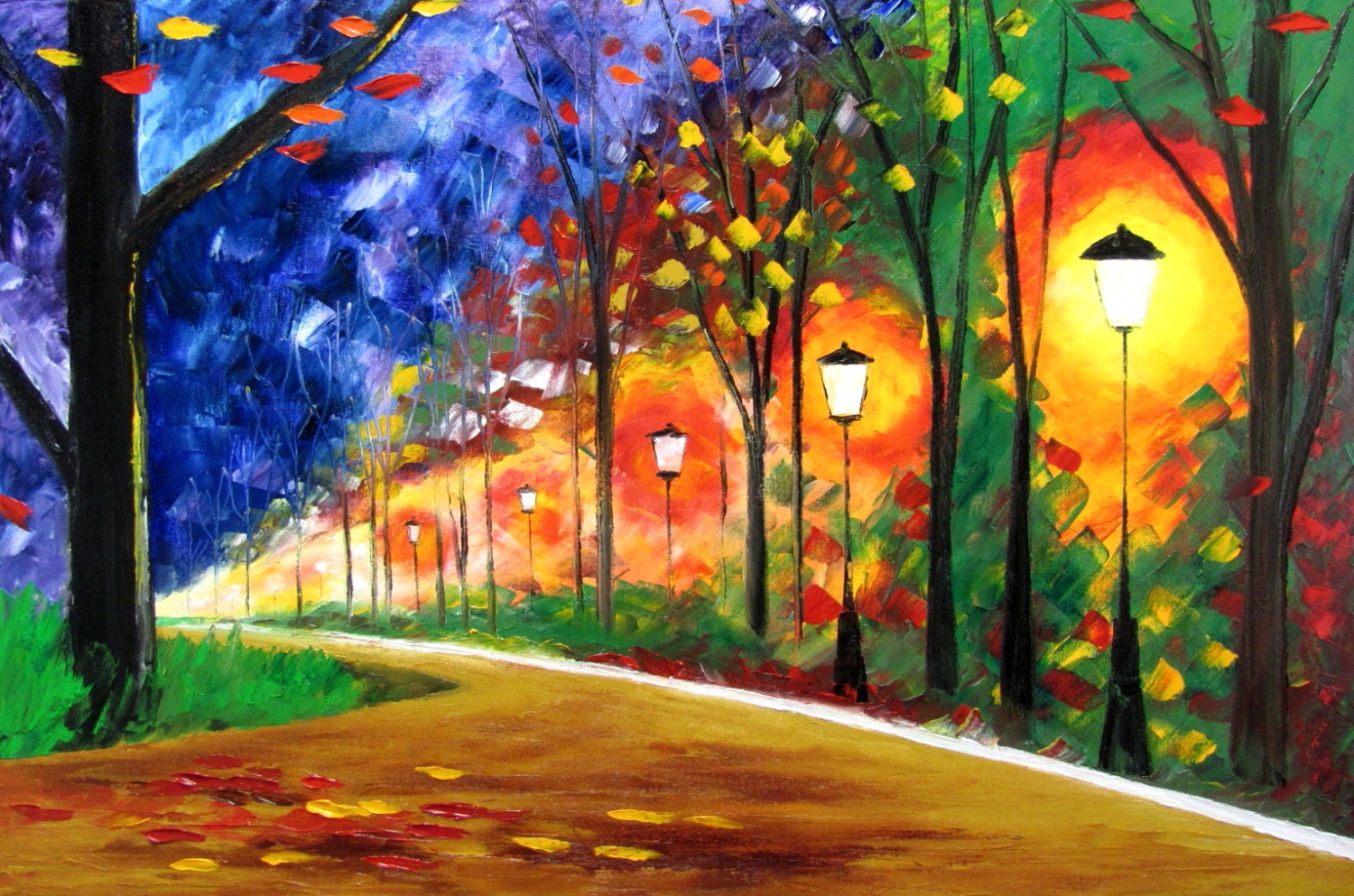 autumn painting original oil park alley lights night