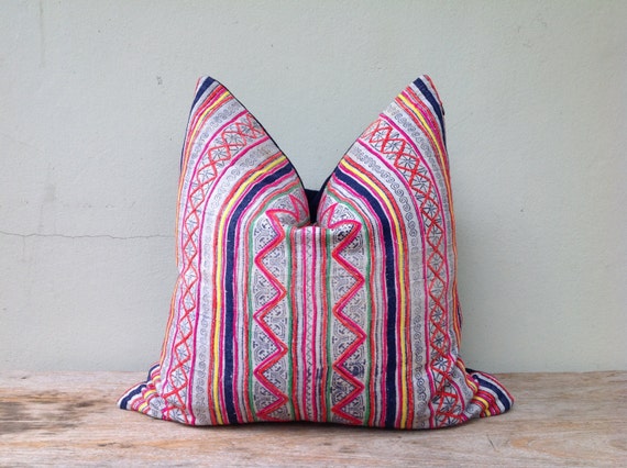 Vintage Cotton Tribal Hand Print Patch Work Pillow Case 20" x 20" Pieces Of Retro Tribal Costume