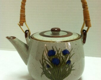 Vintage 1970's Ceramic Teapot with Flowers Rattan Handle Takahashi
