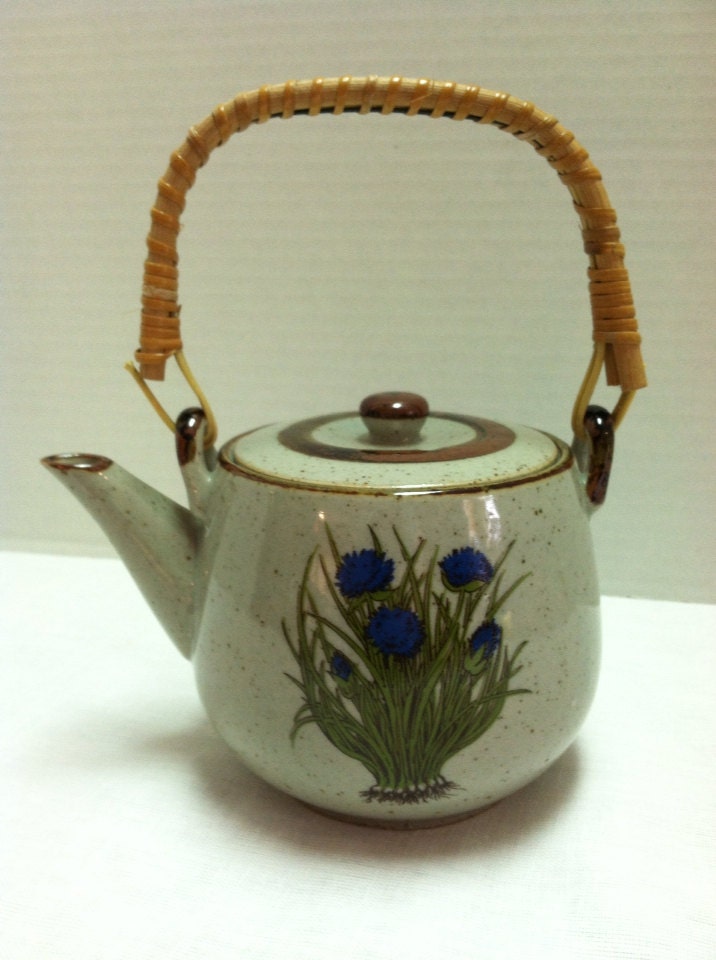 Vintage 1970's Ceramic Teapot with Flowers Rattan Handle