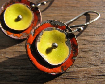 Poppy earrings, Torch-fired enamel poppy earrings, poppies, enamel flower earrings, metal and colorful enamel earrings