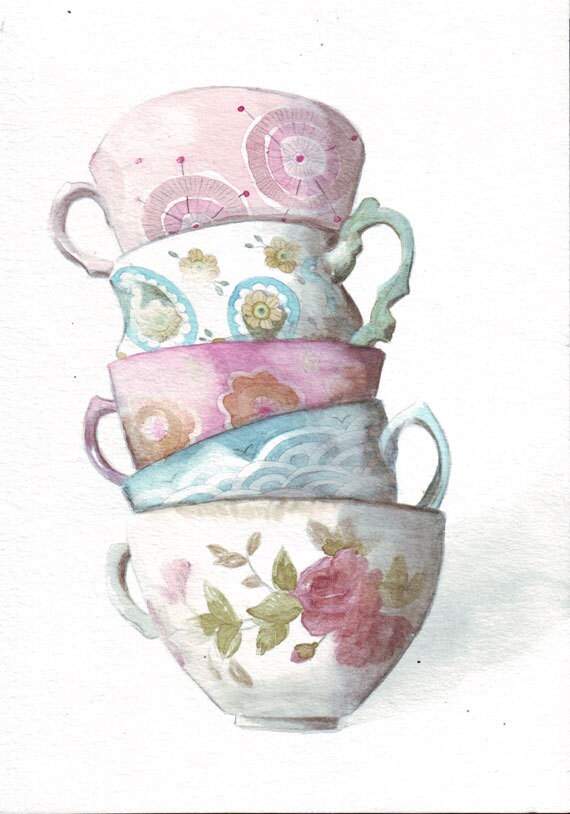 Original art watercolor Tower of Teacups painting
