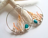 Shell Hoop Earrings, Large Beach Hoops, Boho Beach Earrings, Peach Turquoise Hoops, Hammered Silver Hoop Earrings, Coral Branch, Peach Aqua