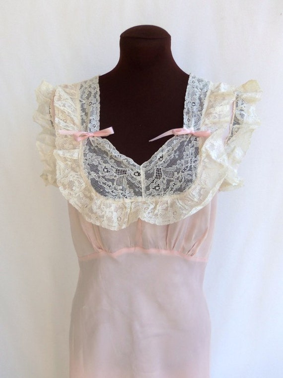 Vintage 40s Nightgown Pastel Pink Satin with Lace Trim