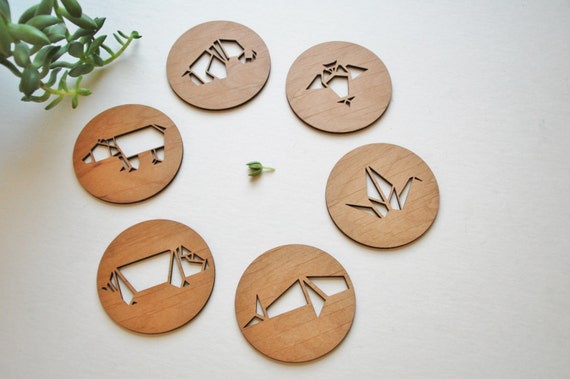 Items similar to Origami Animals - Laser Cut Adler Wood Coasters - Set ...