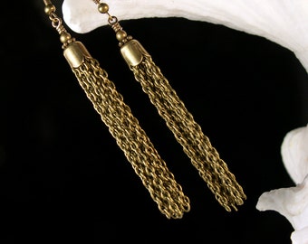 Chain Tassel Steampunk Earrings, Victorian Charm Dangle Drops, Antiqued Gold Brass Filigree, Titanic Temptations Vintage Style Jewelry