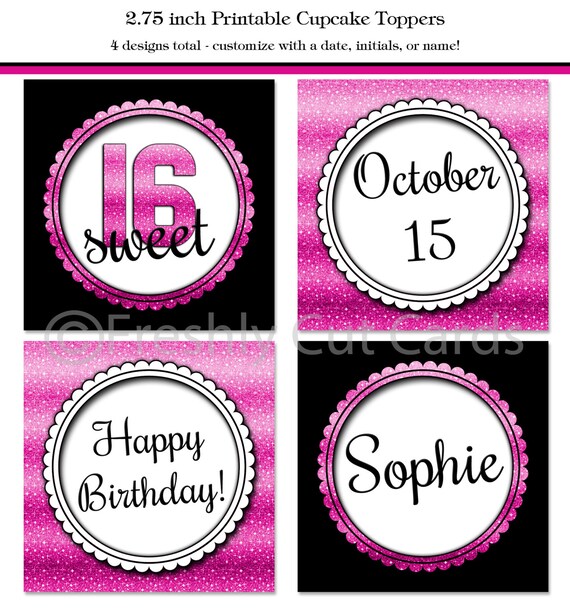 Sweet 16 Glitter on Black Cupcake Toppers Il_570xn