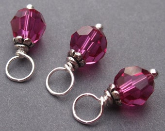 Dangle Birthstone Charms Fuchsia Pink Swarovski Crystals Wire Wrapped with Petite Bead Caps 6mm