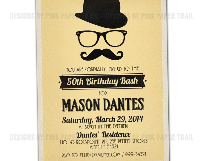 Retro Hipster Mustache Bash Invitation v.2, I will customize for you, Print your own