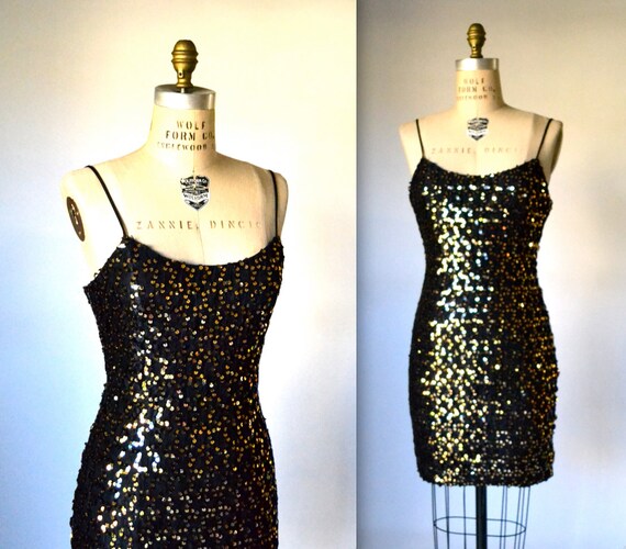 90s Prom Dress Black and Gold Sequin Dress// 90s by Hookedonhoney