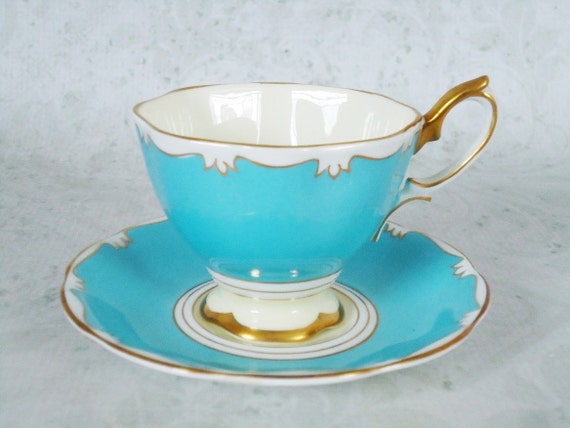 Vintage Teacup and Saucer Set by Royal Albert, Turquoise Blue Tea Cup and Saucer Set