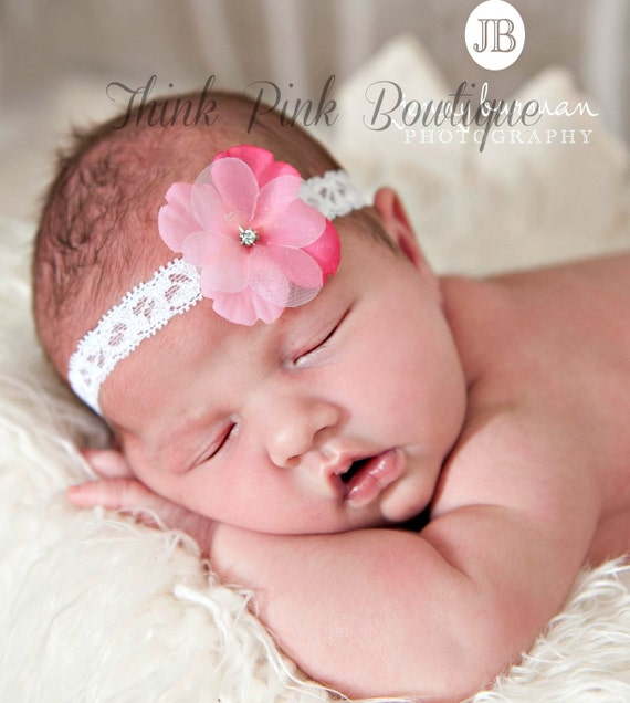 Pink Baby Headband, Newborn Headband,Baby Girl Headband,Baby Headbands,Shabby Chic Headband,Small Bow Headband, Lace Headband, Hair Bows. by ThinkPinkBows