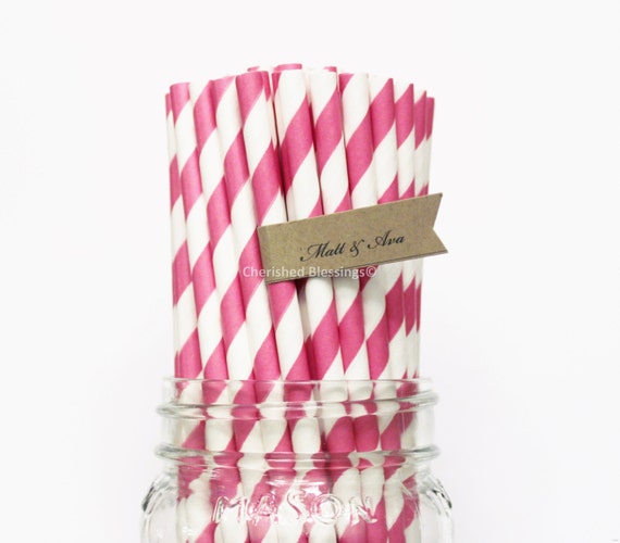 50 Hot Pink Paper Straws, Striped Paper Straws, Party Straws, Wedding Birthday Baby Shower, Made in USA, Paper Goods, Favors Il_570xn