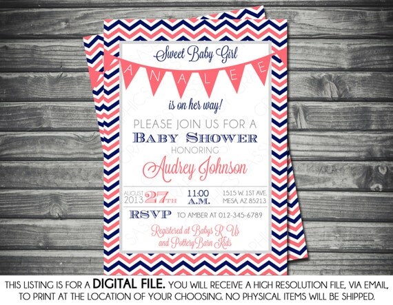 Girls Baby Shower Invitation - Chevron, Banner, Coral, Navy, Gray, Printable, Digital Il_570xn