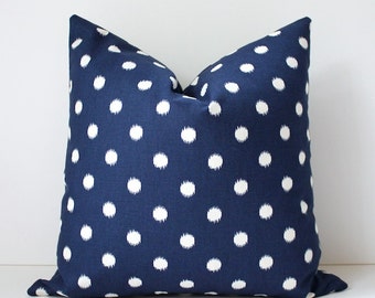 Navy Blue cream polka dots Decorative Designer Pillow Cover 18" Accent Cushion ikat dark spots preppy circles fall fashion ivory