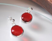 Red earrings,glass earrings,silver earrings,sterling silver ball posts and backs -En Bleu et Verre-