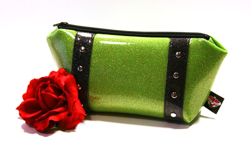 Lime Green Glitter Vinyl Makeup Bag with Your Choice of Vinyl